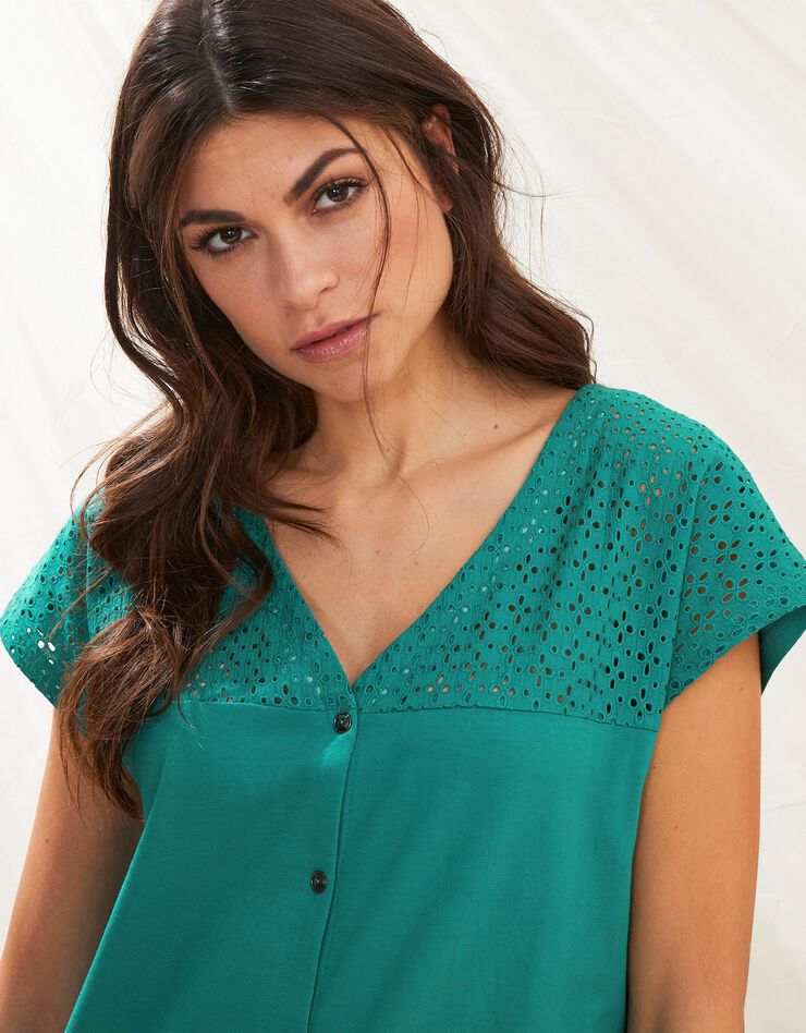 Tee-shirt boutonné, broderie anglaise (vert) Tee-shirt boutonné, broderie anglaise (vert)
