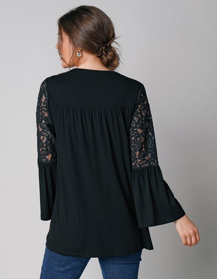 Tee-shirt boutonné manches 3/4 dentelle (noir)
