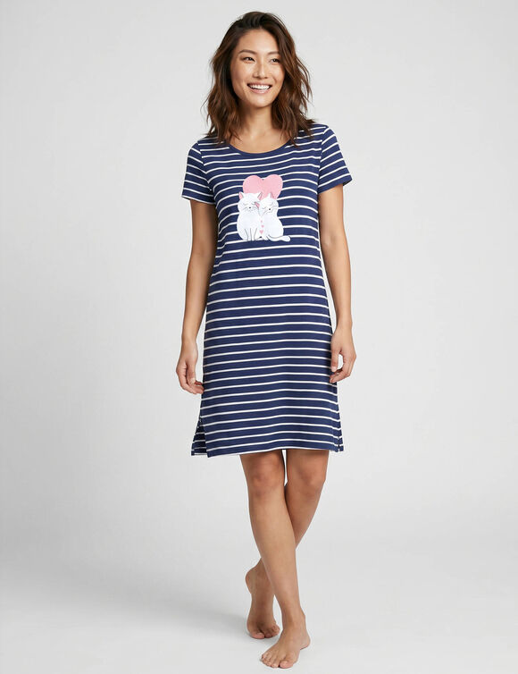 Chemise de nuit ray&eacute;e en coton imprim&eacute; coeur et chats, fils teints (marine)