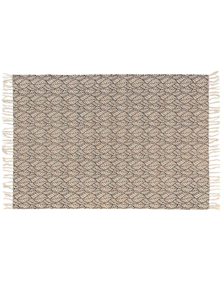 Tapis rectangulaire finition franges, motif feuillage (beige / noir)