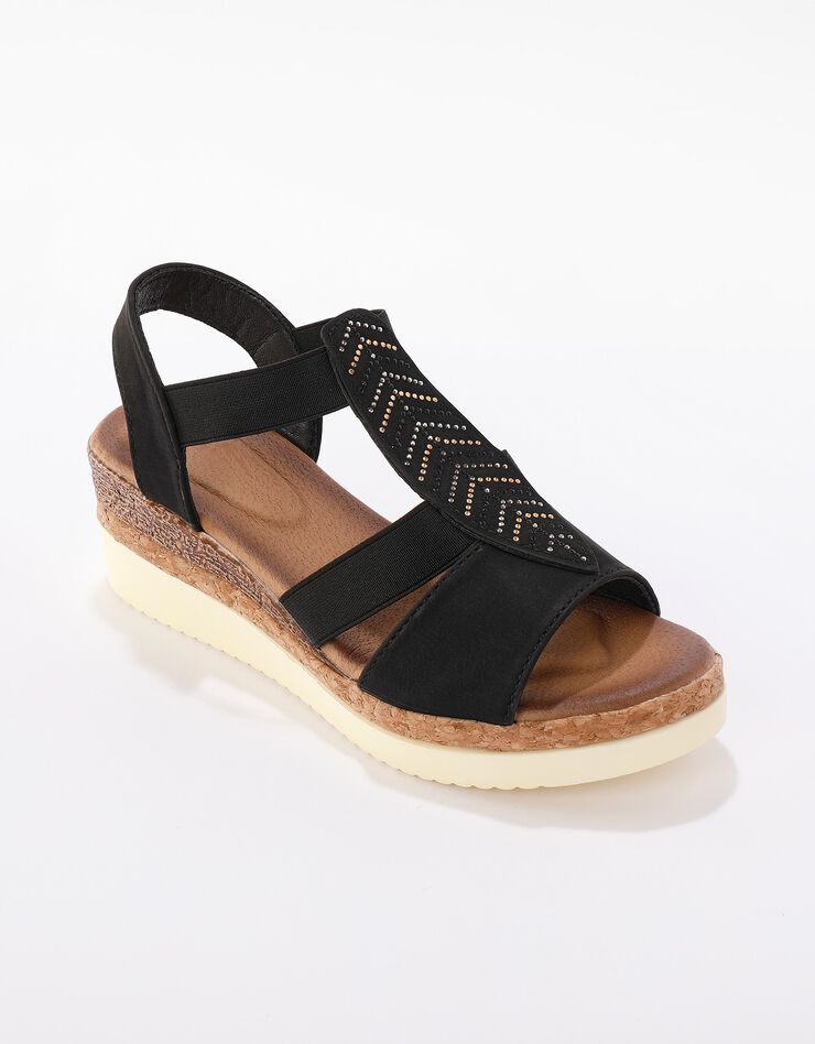 Sandales compensées à feuille perlée, talon fantaisie tri-matière (noir)