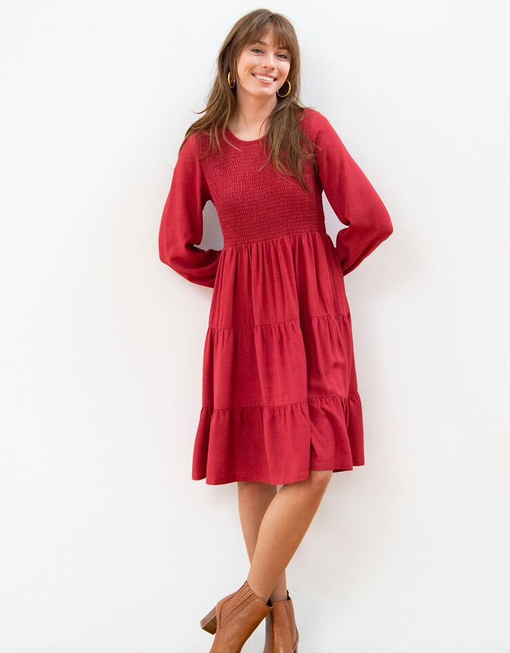 Robe smockée manches longues unie (cerise)