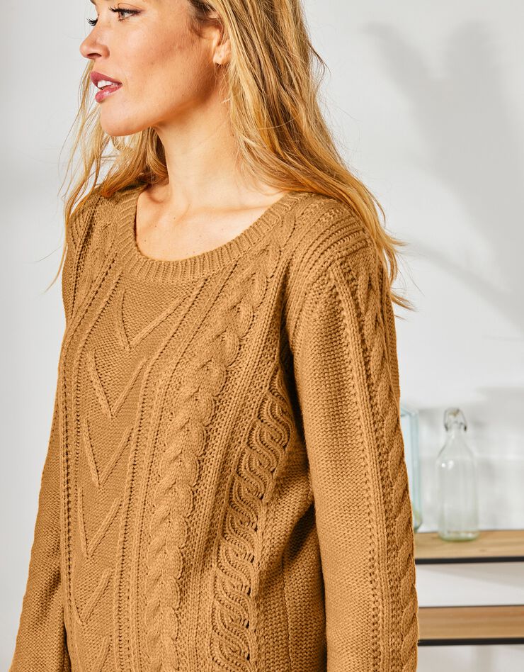 Pull femme col rond torsadé toucher cachemire, manches longues (curry) Pull femme col rond torsadé toucher cachemire, manches longues (curry)