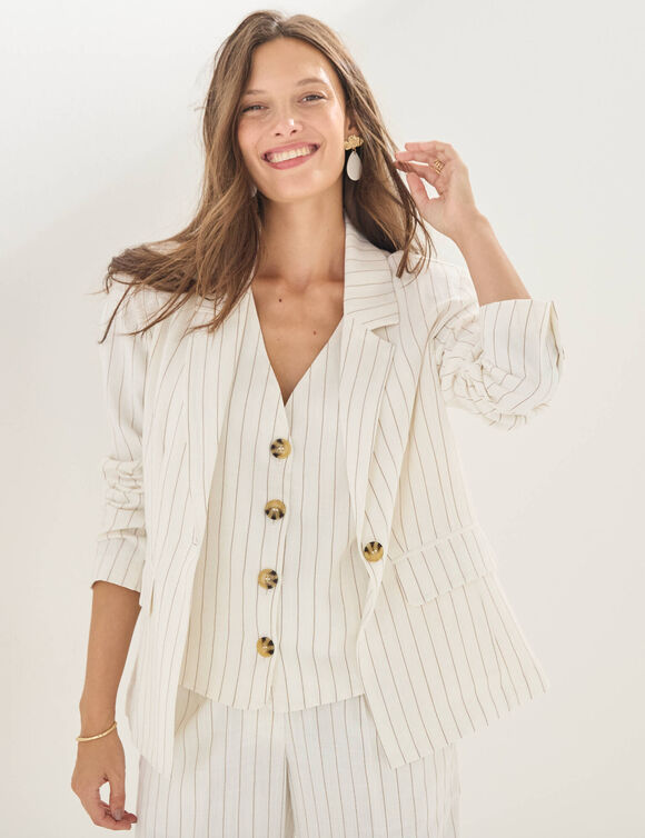 Veste blazer ray&eacute;e, viscose-lin (blanc cass&eacute;)