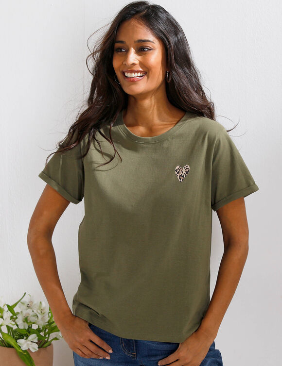 T-shirt manches courtes &agrave; revers, motif coeur (kaki)