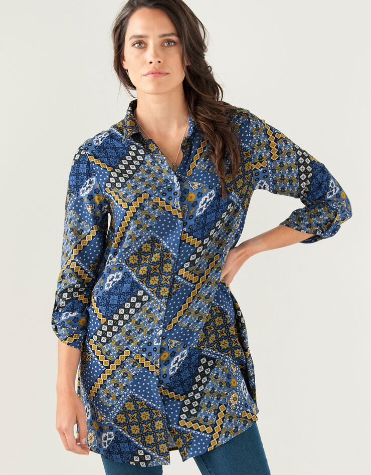 Tunique imprimée boutonnée manches longues (bleu indigo) Tunique imprimée boutonnée manches longues (bleu indigo)