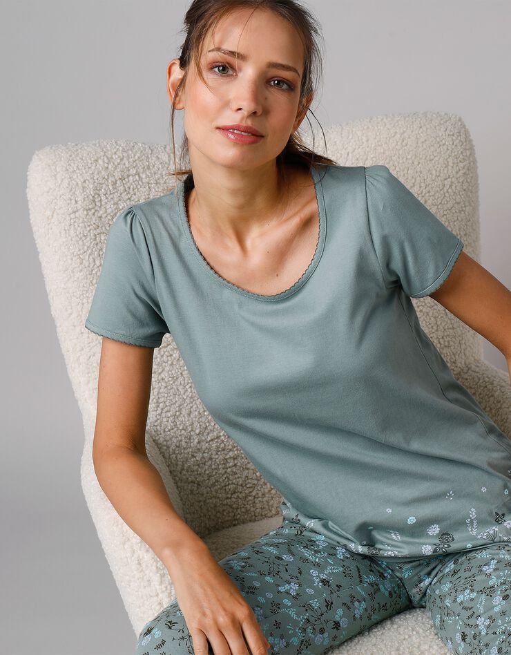 Tee-shirt de pyjama manches courtes imprimé base fleurs (kaki)