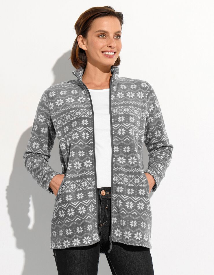 Veste polaire zippée manches longues imprimé jacquard (gris / blanc) Veste polaire zippée manches longues imprimé jacquard (gris / blanc)