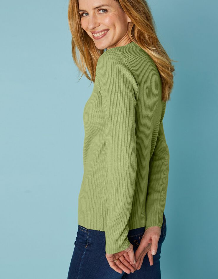 Pull maille côtelée col V uni (vert amande) Pull maille côtelée col V uni (vert amande)