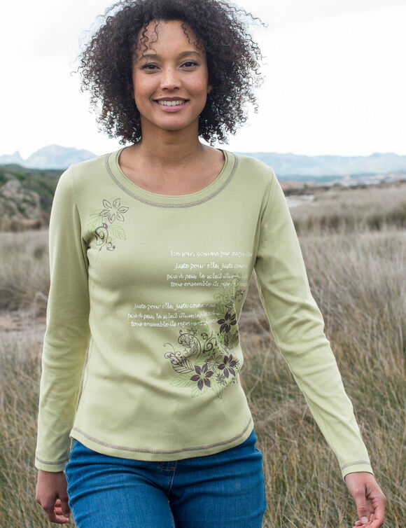 T shirt manches longues imprim&eacute; fleuri (vert tilleul)