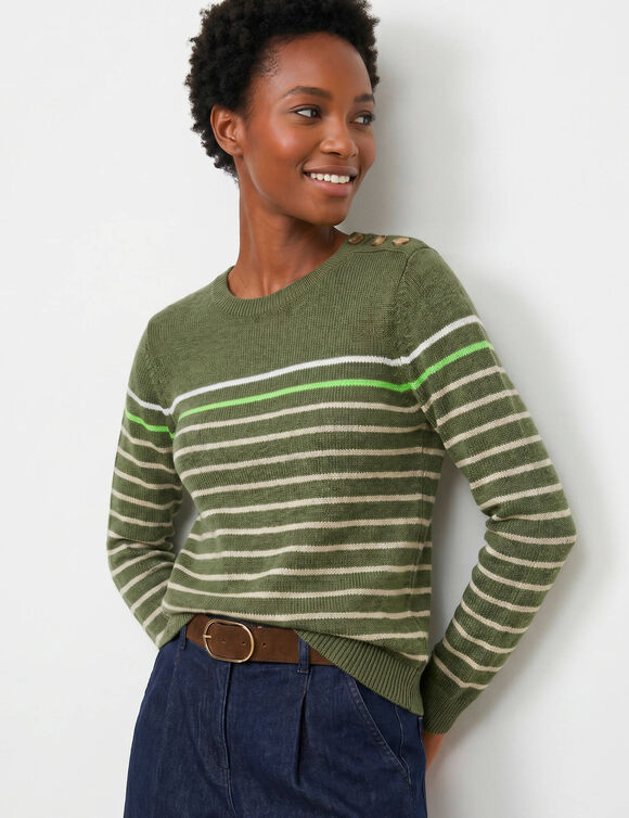 Pull col rond ray&eacute; marini&egrave;re, boutons &eacute;paule (kaki / &eacute;cru)