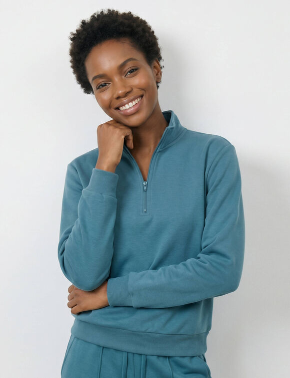 Sweat col montant zipp&eacute;, manches longues, maille milano (bleu)