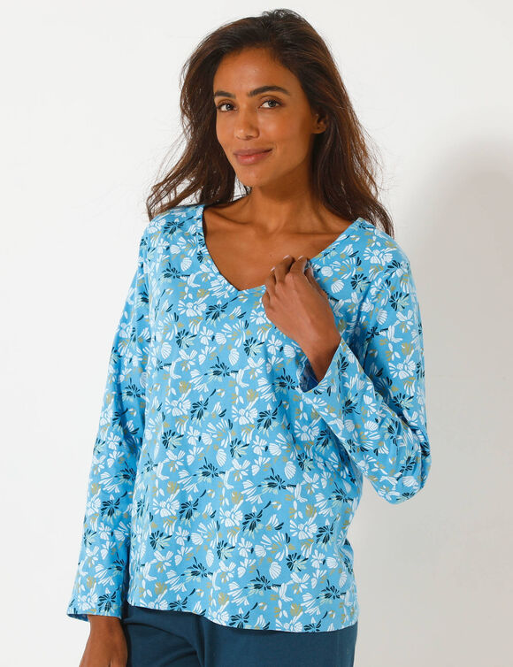 Haut de pyjama manches longues imprimé fleuri (bleu / écru)