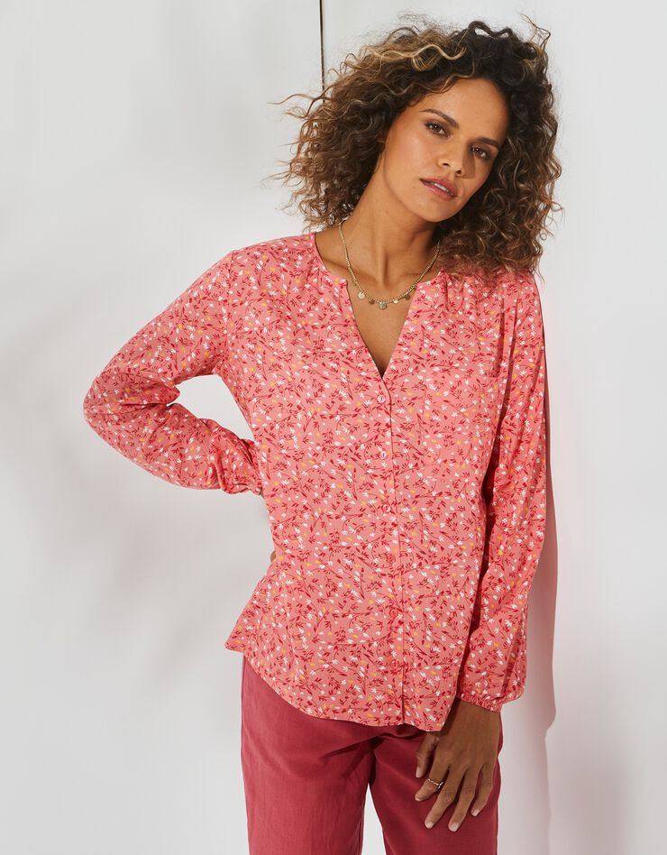 Blouse boutonnée en viscose imprimée, manches longues (corail grisé) Blouse boutonnée en viscose imprimée, manches longues (corail grisé)