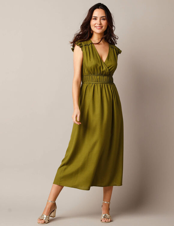 Robe unie manches courtes, détails volantés (vert)