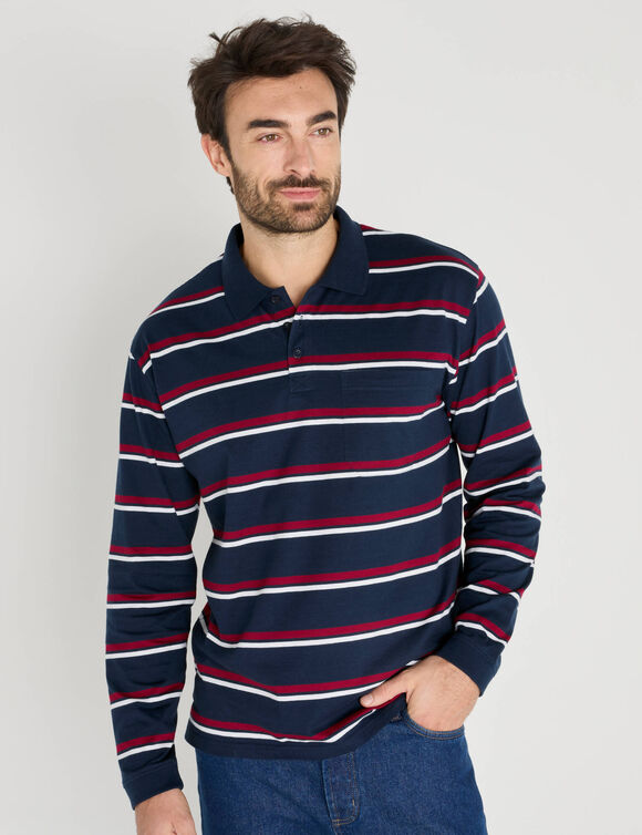 Polo ray&eacute; manches longues, maille jersey, coton (marine / rouge)