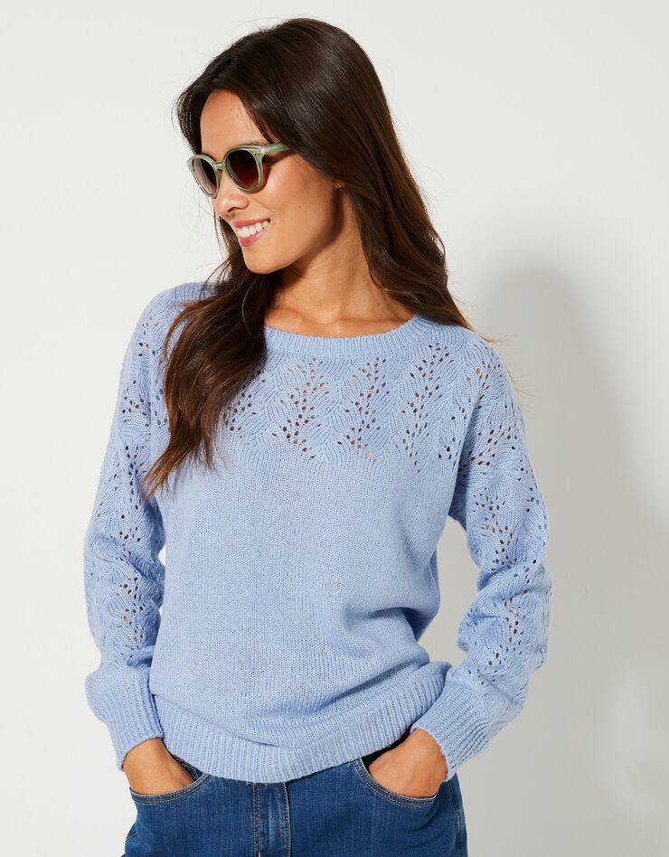 Pull manches longues blousantes, maille ajourée toucher mohair (lavande) Pull manches longues blousantes, maille ajourée toucher mohair (lavande)