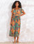 Robe volantée cache-coeur imprimée, crépon (curry / turquoise)