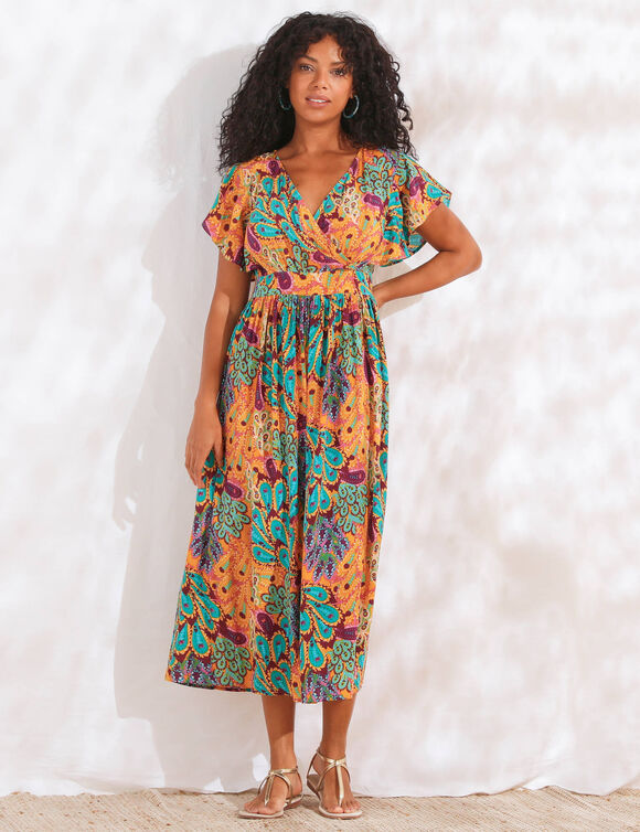 Robe volantée cache-coeur imprimée, crépon (curry / turquoise)