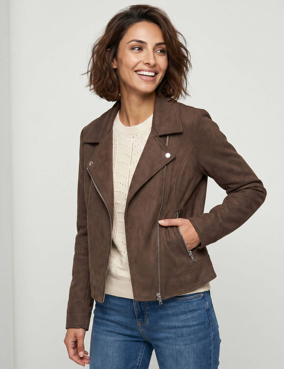 Blouson zipp&eacute; col tailleur pressionn&eacute;, su&eacute;dine (chocolat)