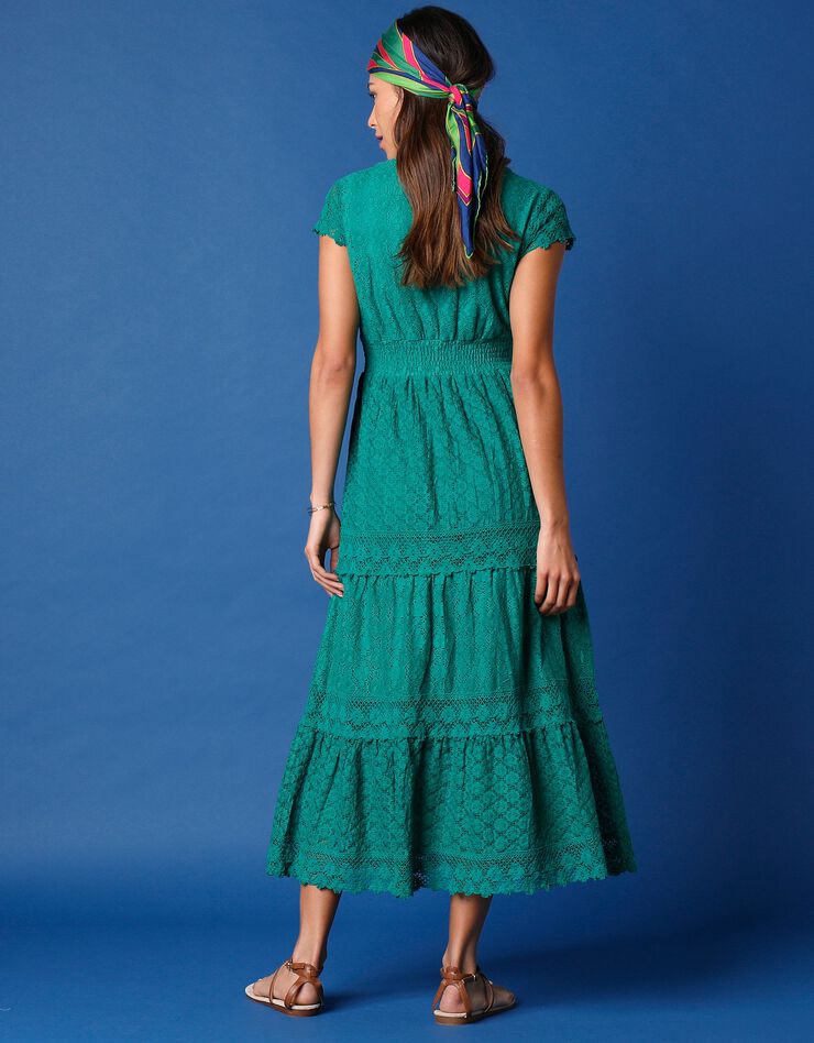Robe longue col V dentelle macramé (vert)