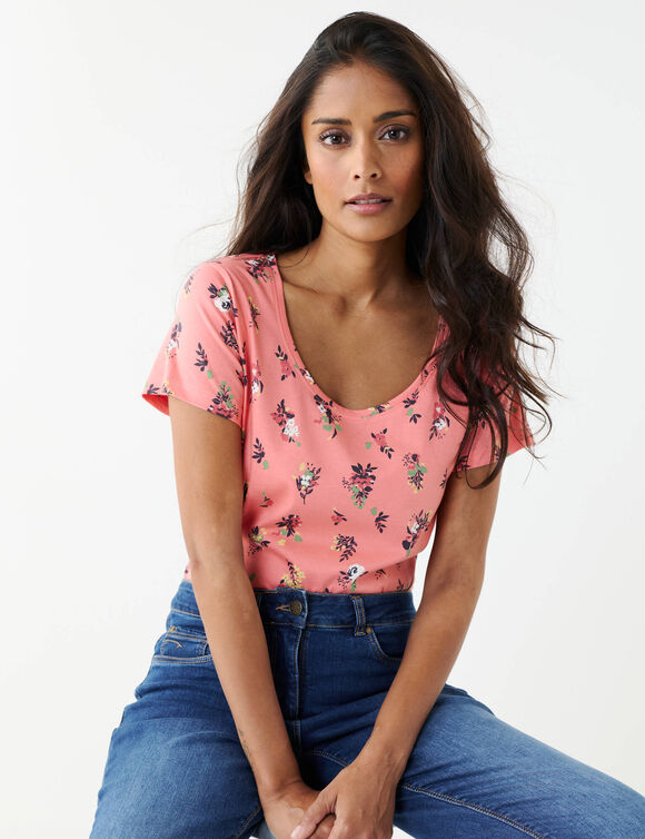 T-shirt col rond imprim&eacute; fleuri coton (corail)