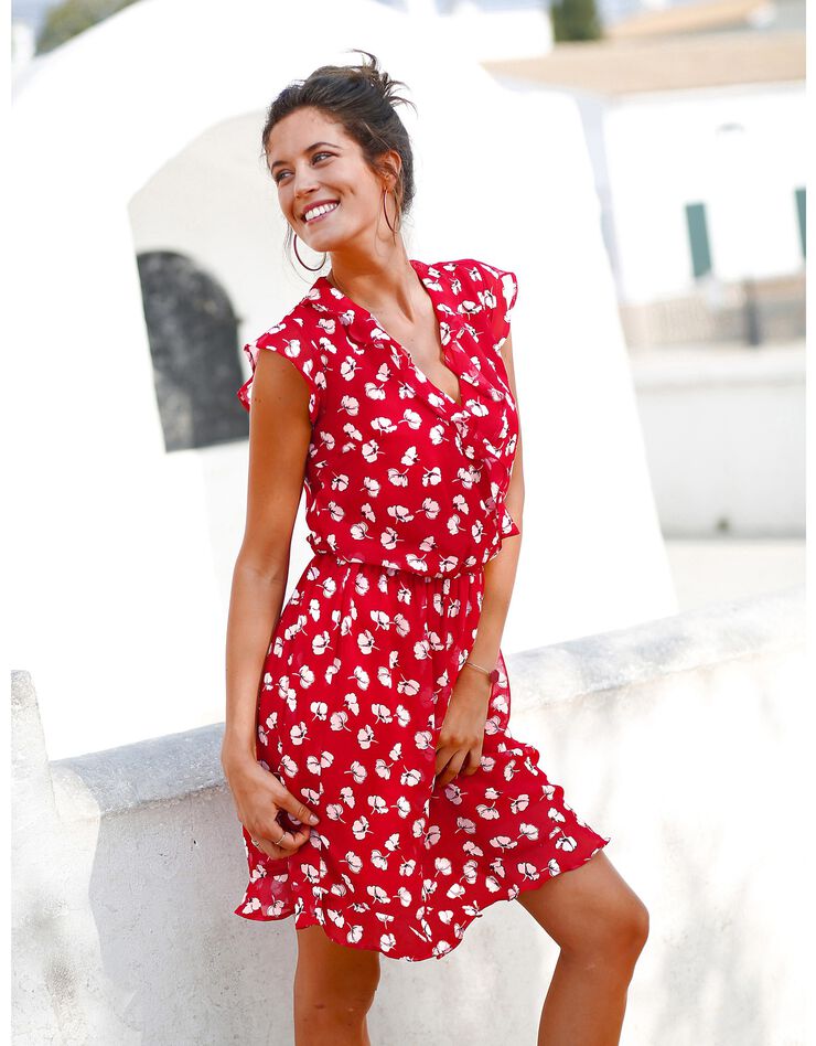 Robe volantée imprimée, voile (rouge / blanc / noir) Robe volantée imprimée, voile (rouge / blanc / noir)