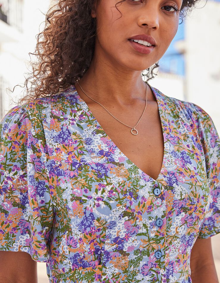 Robe boutonnée manches "papillon" imprimée (bleu grisé)