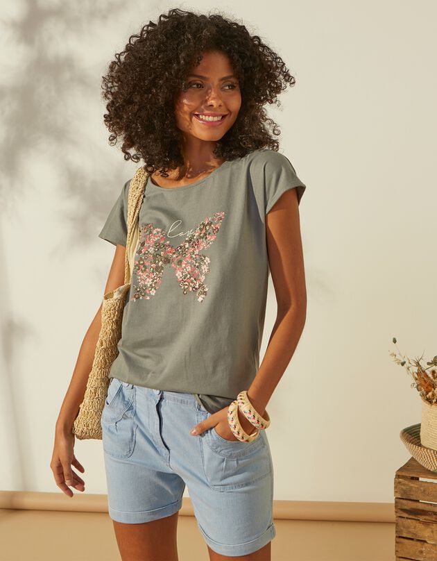 T-shirt imprimé placé "papillon" (vert grisé)
