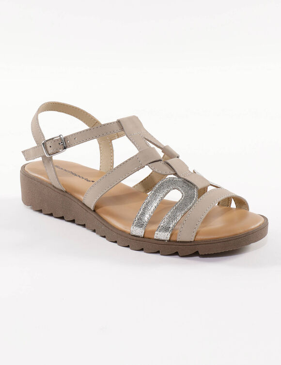 Sandales compens&eacute;es cuir bi-mati&egrave;re (beige)