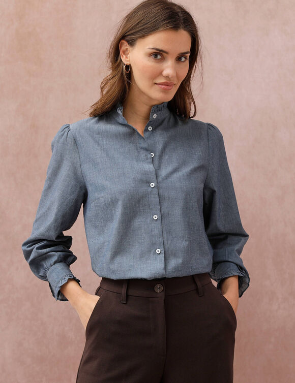 Chemise col officier volant&eacute;, manches longues, jean chambray (bleu jean)