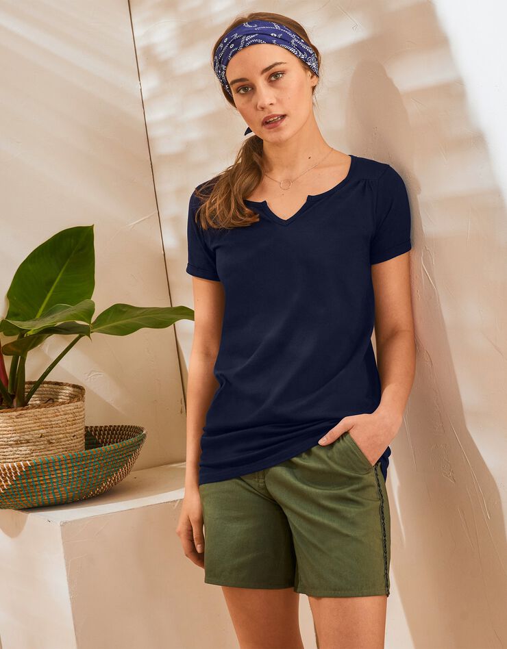 Tee-shirt col tunisien uni coton bio (marine) Tee-shirt col tunisien uni coton bio (marine)