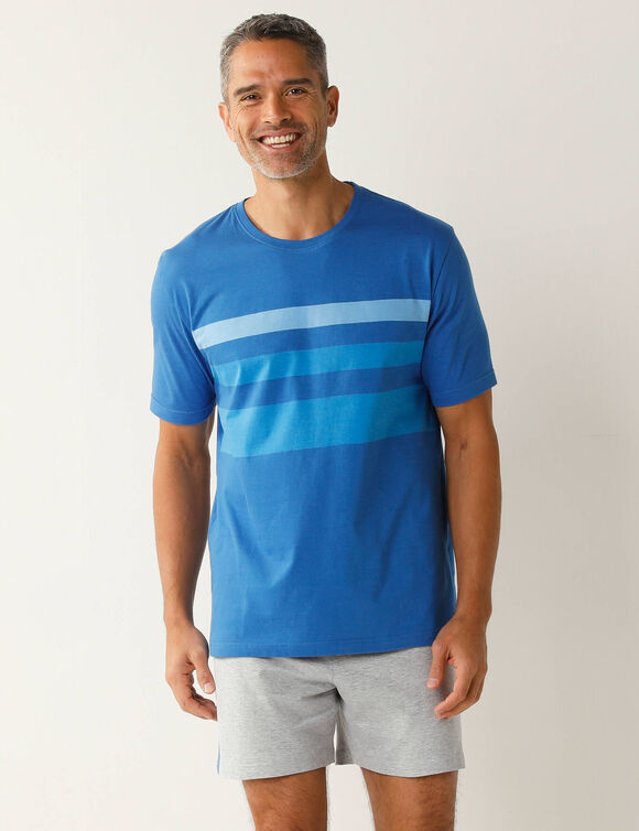 Pyjama short coton rayures placées col rond (bleu / gris)