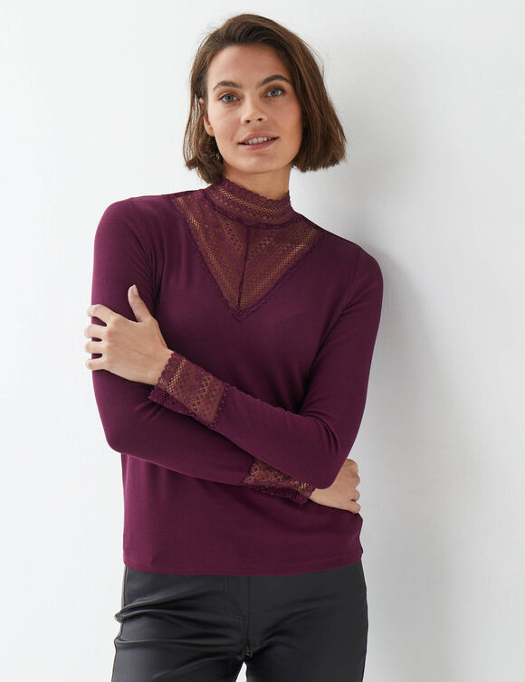 T-shirt manches longues dentelle (prune)