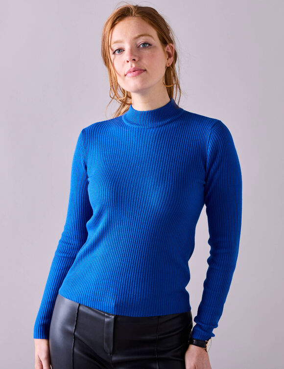Pull col montant court, maille côtelée (bleu vif)