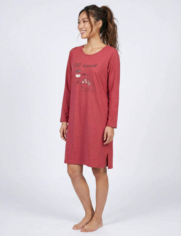 Chemise de nuit courte motif croissant, manches longues (rose fonc&eacute;)