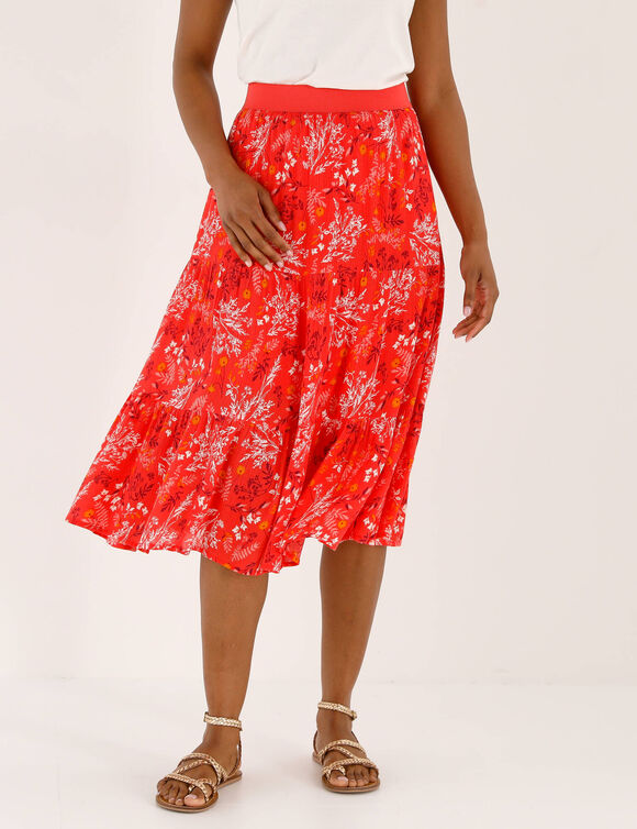Jupe courte volant&eacute;e imprim&eacute; fleuri, cr&eacute;pon (corail)
