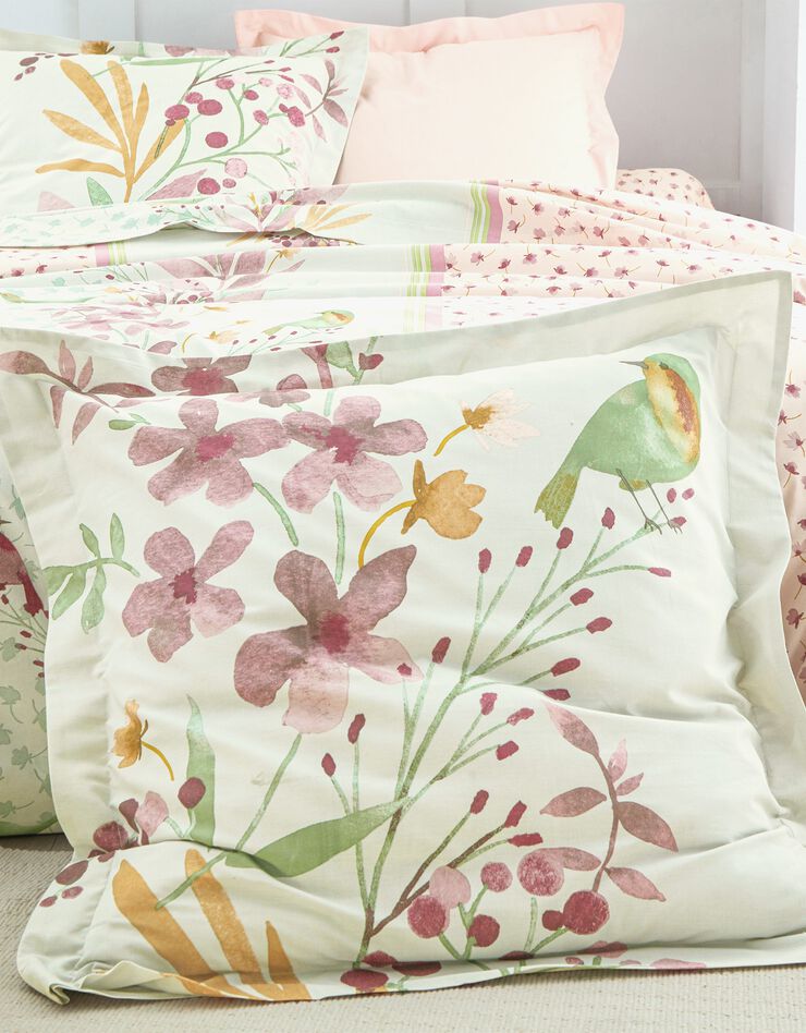 Linge de lit Betty en coton à motifs fleurs et oiseaux (rose)
