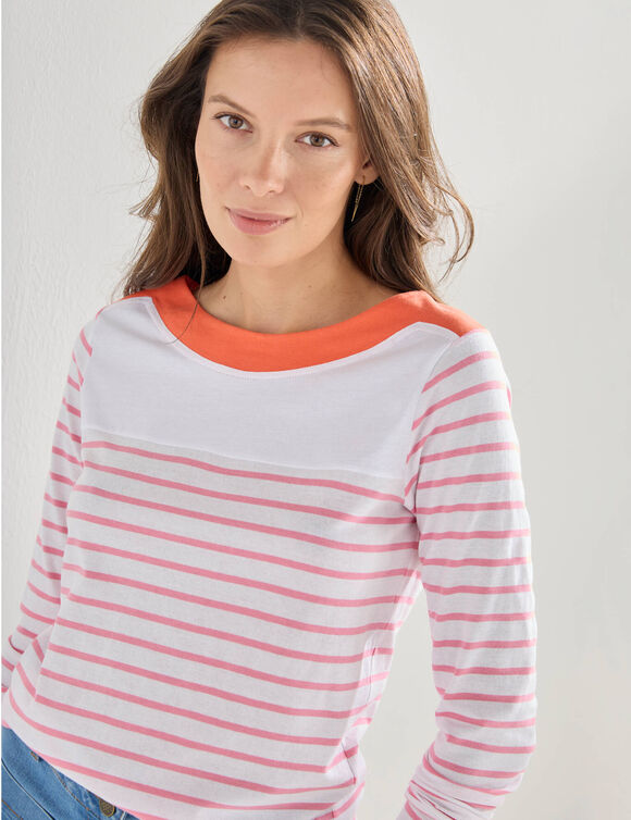 T-shirt ray&eacute; manches longues (blanc / rose)