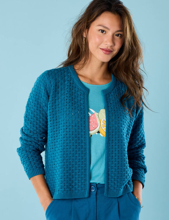 Gilet paletot maille fantaisie,  Spécial Petites (bleu canard)