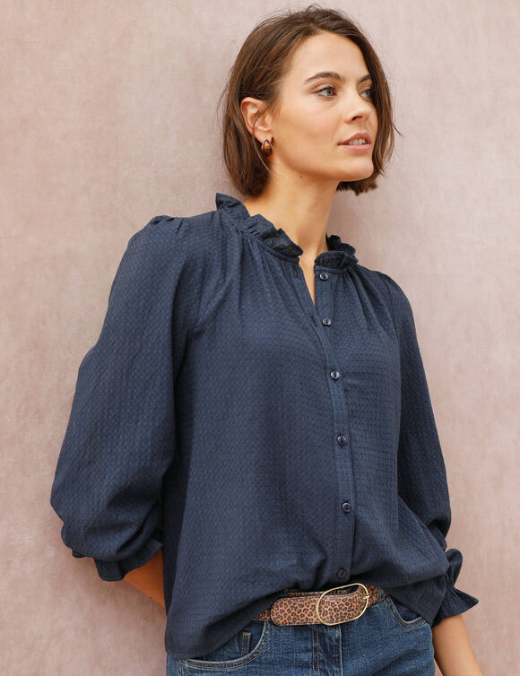Chemisier uni volant&eacute; en coton textur&eacute; (marine)