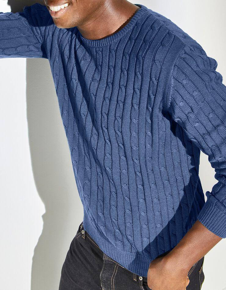 Pull col rond maille torsades (bleu)
