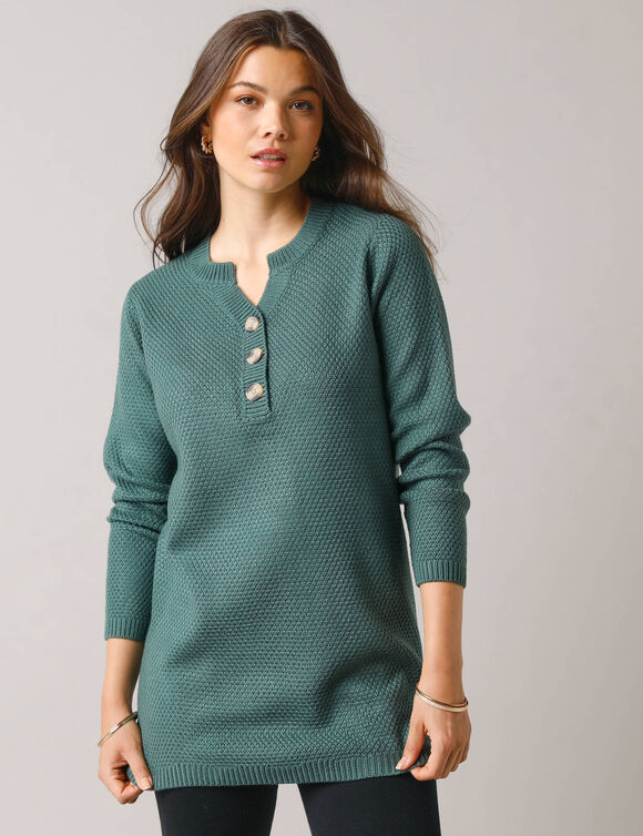 Pull tunique col tunisien, maille fantaisie (vert foncé)