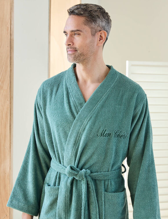 Peignoir mixte adulte uni col kimono personnalis&eacute; - &eacute;ponge bouclette 380 g/m&sup2; (eucalyptus)