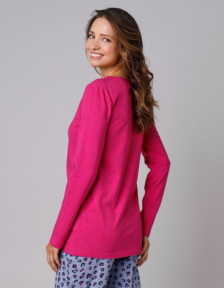 Tee-shirt manches longues coton uni imprimé placé "Beautiful" (fuchsia) Tee-shirt manches longues coton uni imprimé placé "Beautiful" (fuchsia)