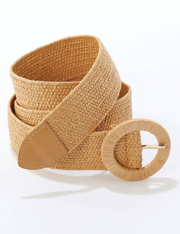 Ceinture raphia &eacute;lastiqu&eacute; boucle ronde (beige)