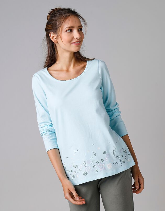 Tee-shirt de pyjama manches longues imprimé base fleurs (aqua)