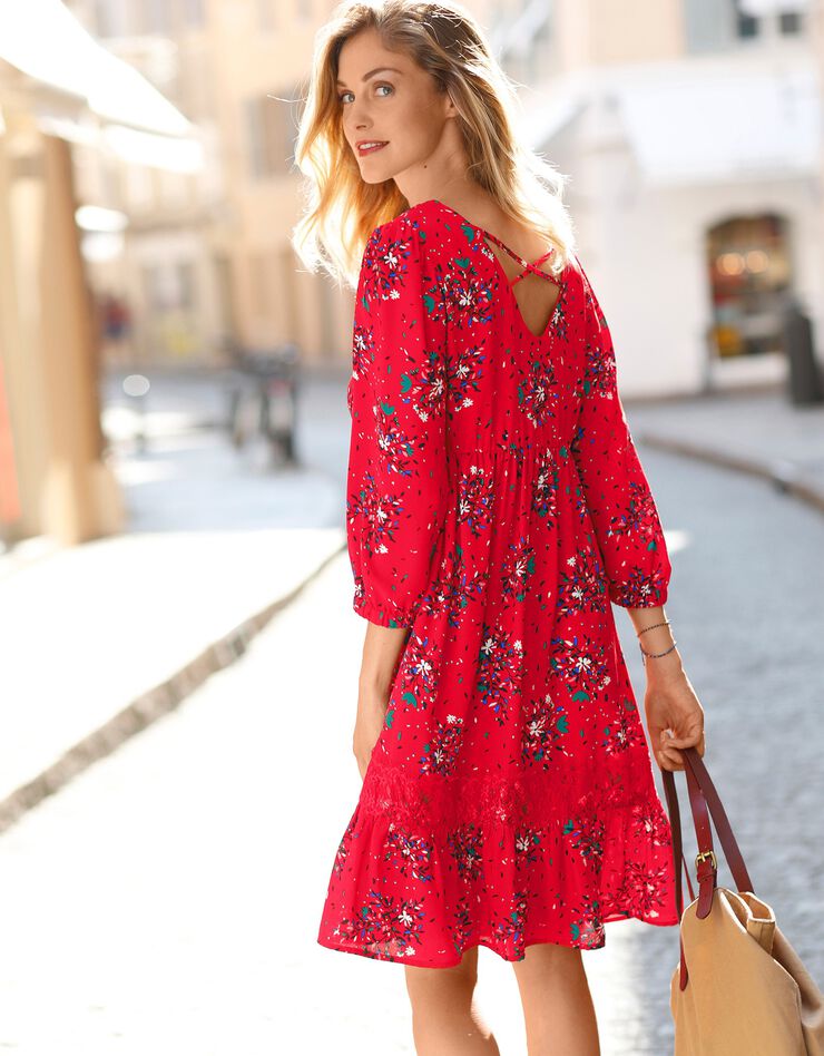Robe dos lacé imprimée (rouge / indigo)