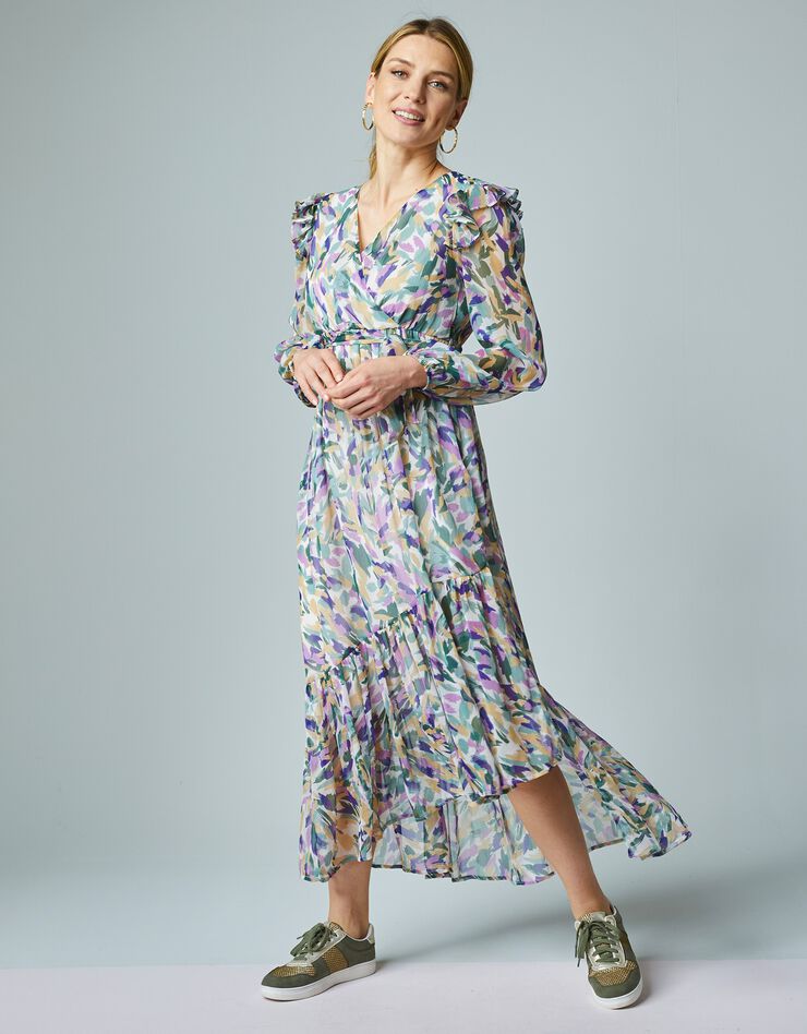 Robe longue volantée asymétrique en voile imprimé (kaki / naturel)