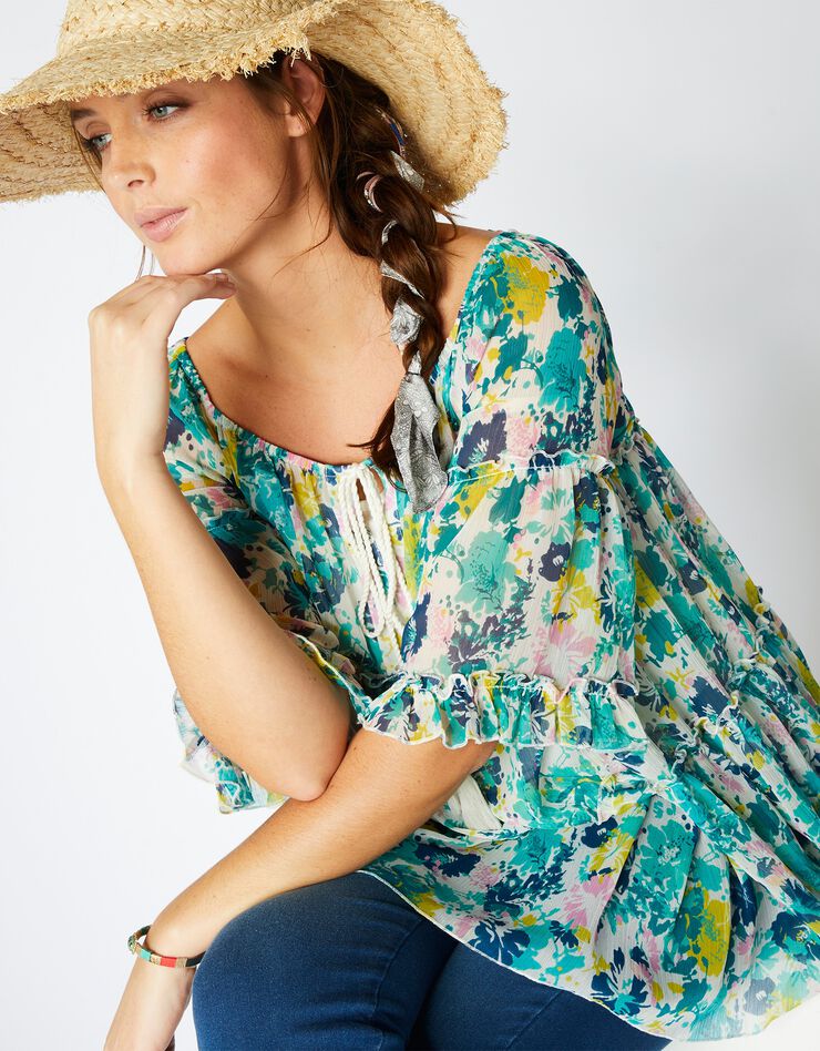 Blouse volantée imprimée, voile (écru / vert) Blouse volantée imprimée, voile (écru / vert)